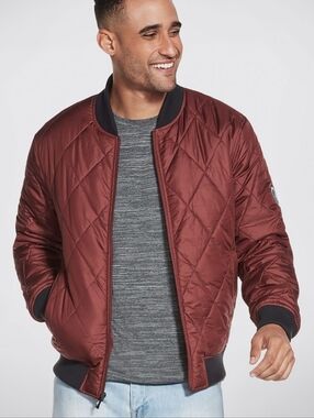 Skechers Bomber Jacket Small Burgundy Quilted Zip Up Lightweight Streetwear
